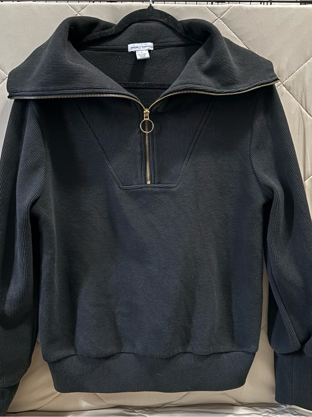 Black Half-Zip Funnel Neck Sweatshirt with Gold Ring Pull